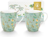 Pip Studio Set van 2 grote mokken Jolie Flowers Blue - 350ml - Groene mokken set