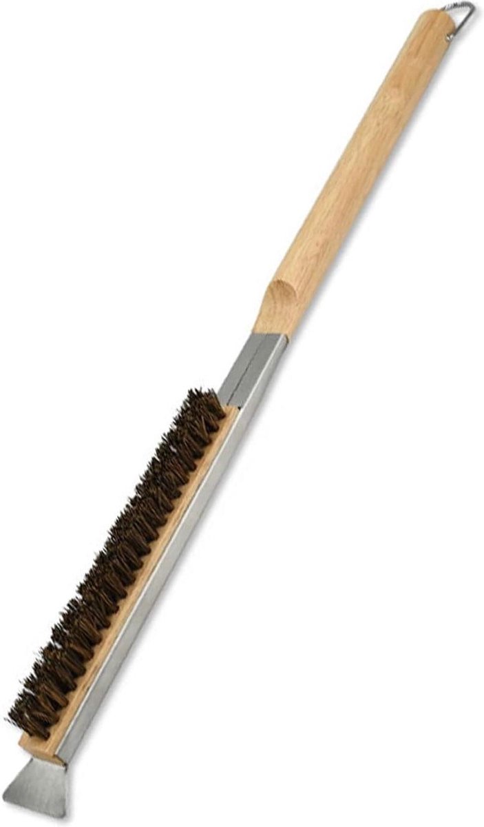 Kokosvezel reinigingsborstel met schraper voor pizza oven en grill - Sterke borstel met lange handgreep