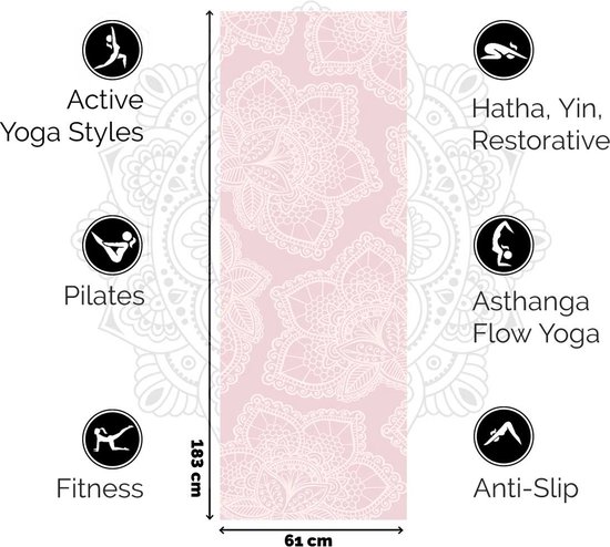 Rozekleurige yogamat met een gedetailleerd wit bloemenpatroon, 61x183 cm, met icoontjes voor verschillende yogastijlen en functies.