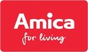Amica for living logo op rode achtergrond.