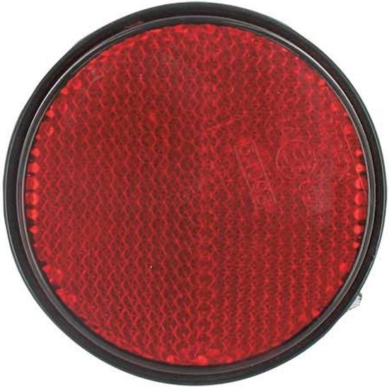 Ronde rode reflector met een zwart frame, diameter 60 mm, met rasterpatroon.
