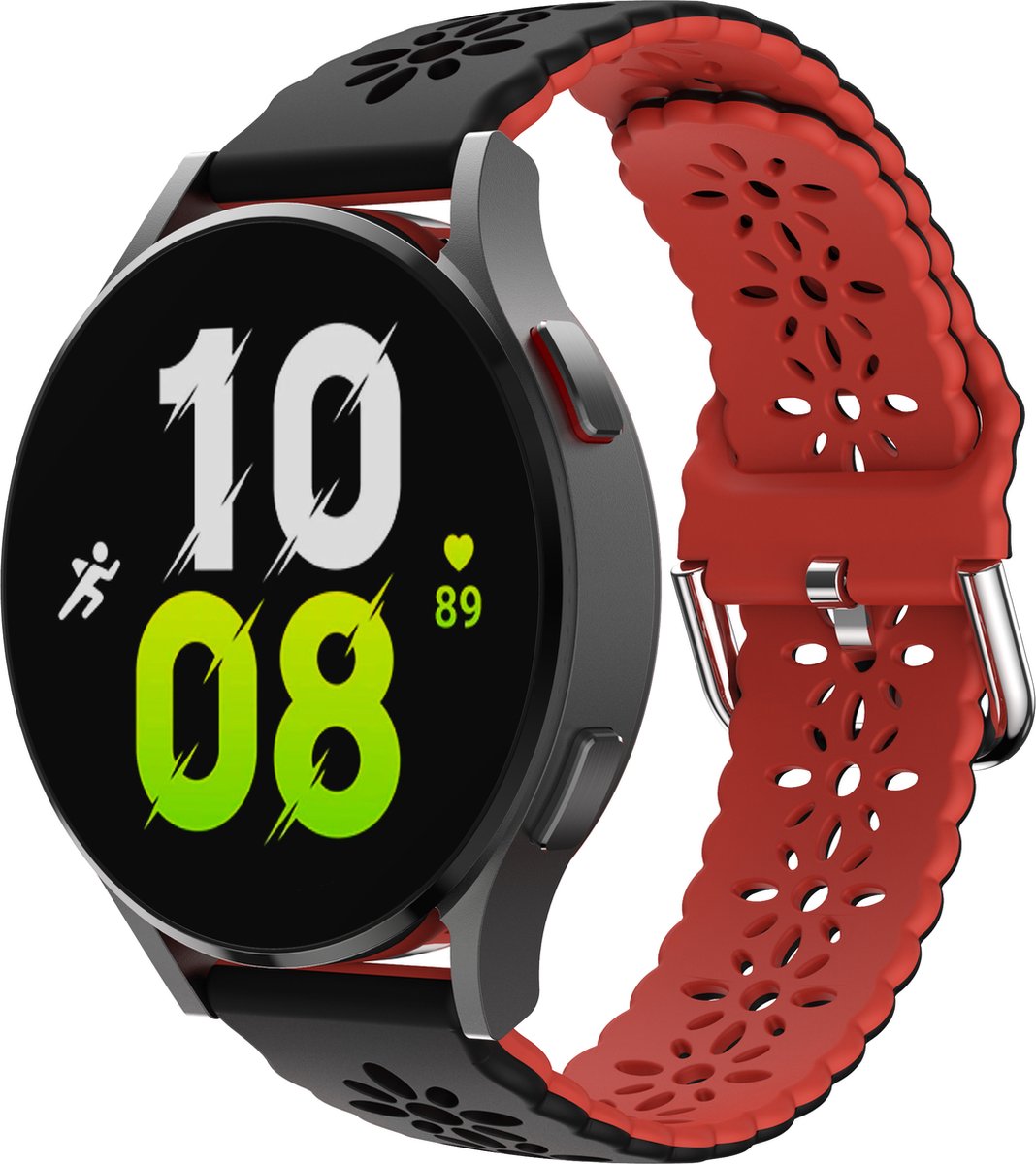 Stravo Siliconen Sport bandje - Zwart/rood - Verstelbare Armbandje met Snelle 20 mm Bloemenprint - voor Galaxy Watch 7 (40 & 44mm)/Watch 6 (Classic)/Watch 5 (Pro)/Watch 4 (Classic)/Watch 3 41mm/Watch 1 42mm/Watch Active/Watch FE/Gear Sport