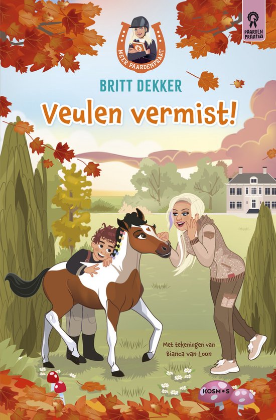 Boekcover: Britt Dekker met een paard en jongen, titel 'Veulen vermist!'