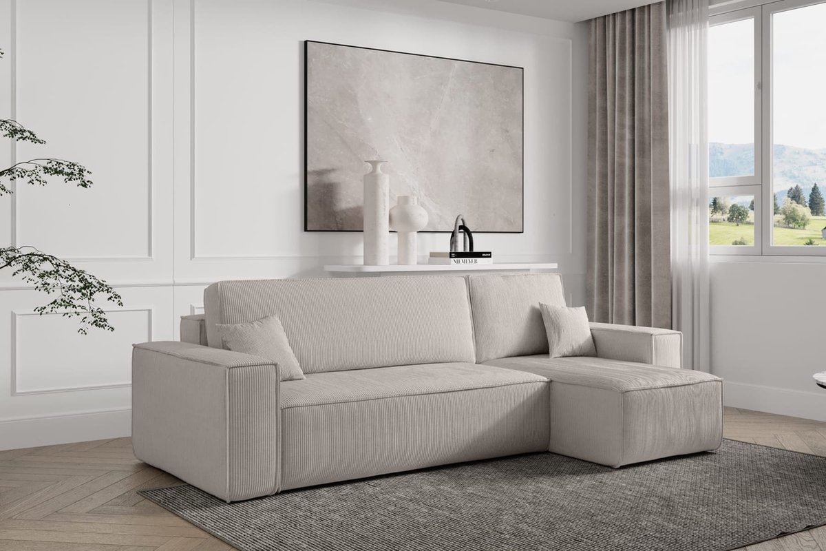 Hoekbank Frenkie - Universeel - Ribstof - Creme - Slaapbank met opbergruimte - Lounge Links of Rechts - Direct Leverbaar - Hoekzetel - Chaise longue - Zetel met slaapgedeelte - 3 zits - Zitcomfort Medium