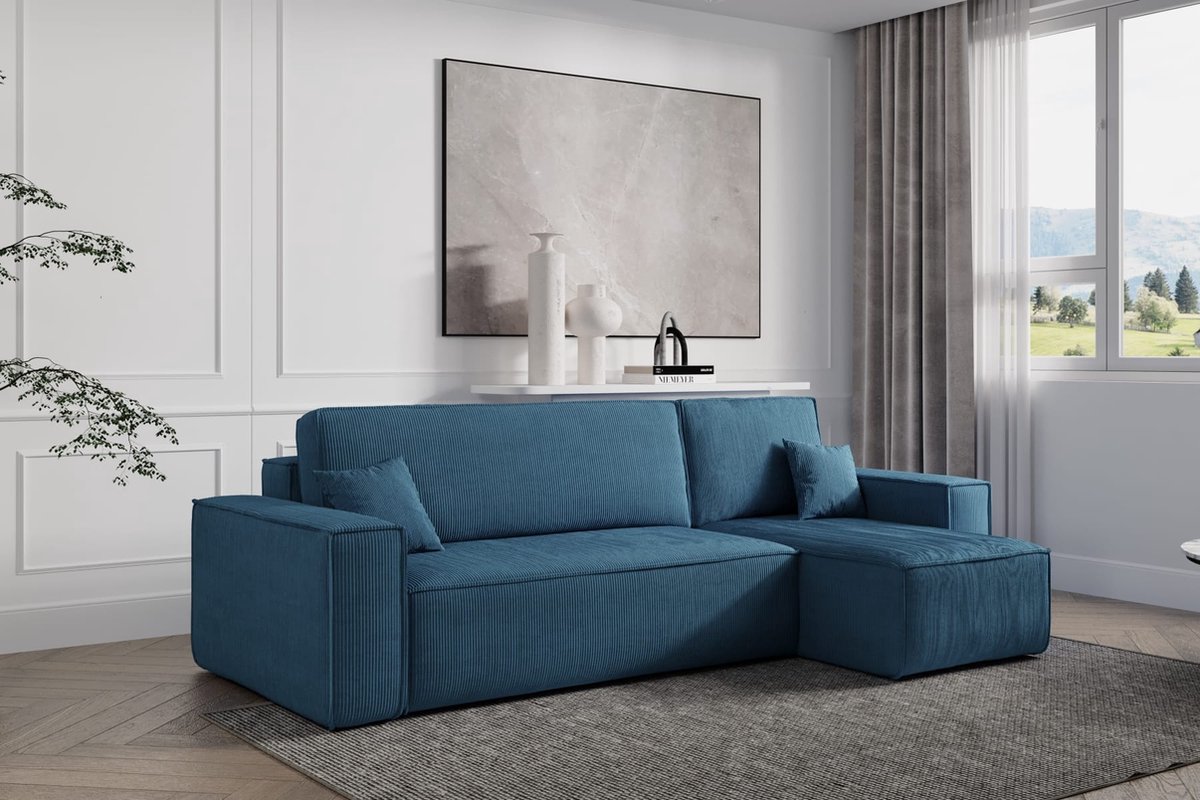 Hoekbank Frenkie - Universeel - Ribstof - Blauw - Slaapbank met opbergruimte - Lounge Links of Rechts - Direct Leverbaar - Hoekzetel - Chaise longue - Zetel met slaapgedeelte - 3 zits - Zitcomfort Medium