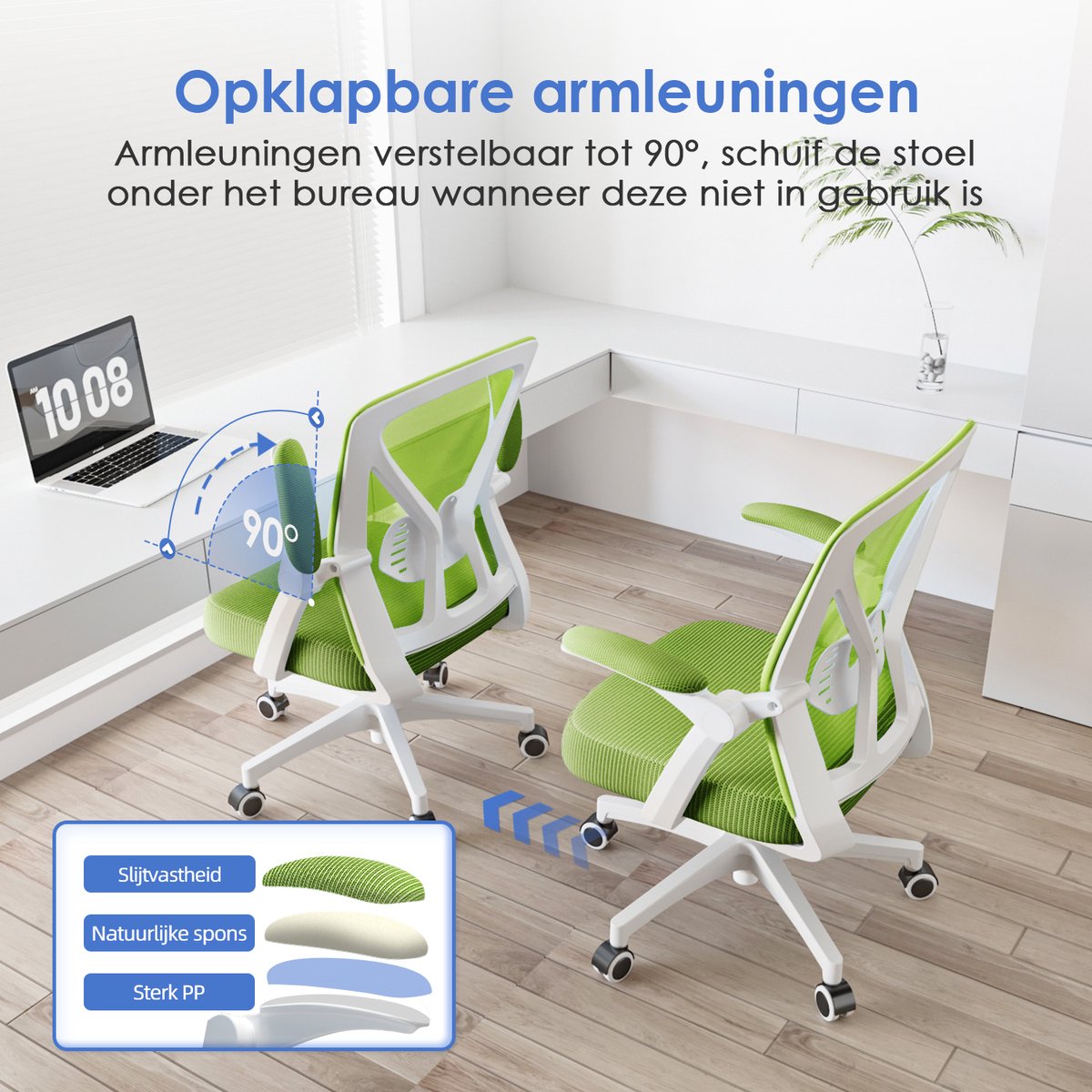 Elekiatech Ergonomische Bureaustoel - Bureaustoel - Opklapbare Armleuningen - Bureaustoelen voor Volwassenen - 150 Kg - Groen-wit thumbnail 6