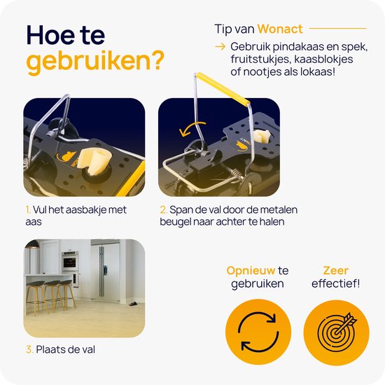 Twee close-ups van een zwarte rattenval met gele accenten. Instructies voor het gebruik.