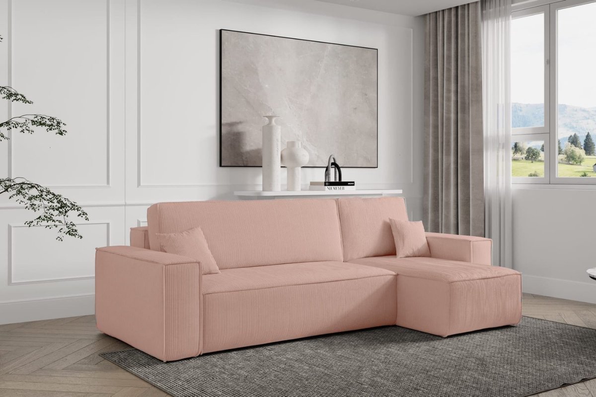 Hoekbank Frenkie - Universeel - Ribstof - Roze - Slaapbank met opbergruimte - Lounge Links of Rechts - Direct Leverbaar - Hoekzetel - Chaise longue - Zetel met slaapgedeelte - 3 zits - Zitcomfort Medium