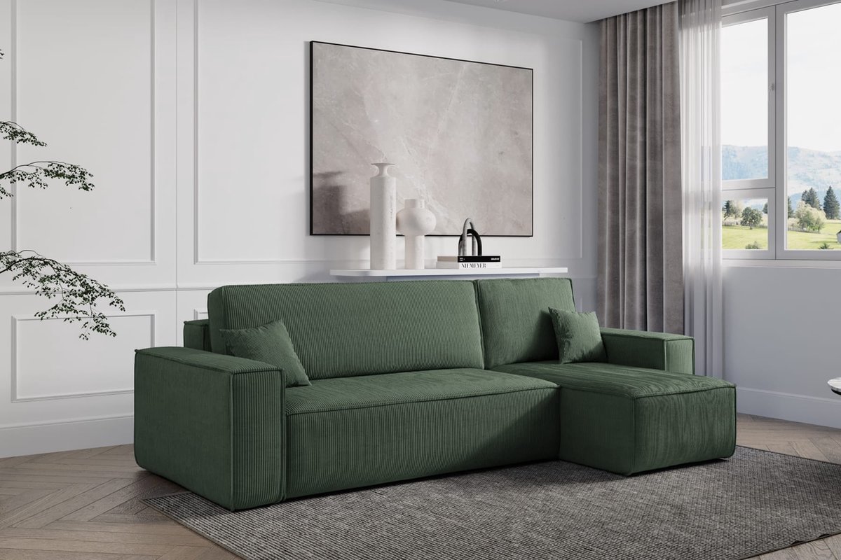 Hoekbank Frenkie - Universeel - Ribstof - Groen - Slaapbank met opbergruimte - Lounge Links of Rechts - Direct Leverbaar - Hoekzetel - Chaise longue - Zetel met slaapgedeelte - 3 zits - Zitcomfort Medium