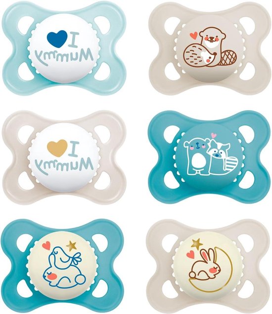 MAM Day & Night siliconen fopspeen 0-6 Boy // 6-delige uni set // incl. 3 steriliseertrasportboxen