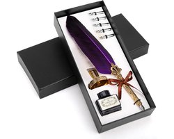 Belle Vous kalligrafie pennen set 8 delig - Calligraphy veer met houder - 5 pen nibs - Inktpot met zwarte inkt - Kroontjespen voor beginners - Paars