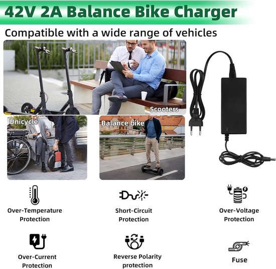 Oplader Voor Elektrische Steps - 36V/42V 2A Universele Oplader - Met 5 Batterijlader Connectoren - Elektrische Fiets Opladers - Hoverboard Drift Trikes - Elektrische Scooter Hoverboard Loopfiets - Geschikt Voor Xiaomi Mi Mijia M365 - 84W Max van VONROC — afbeelding 4