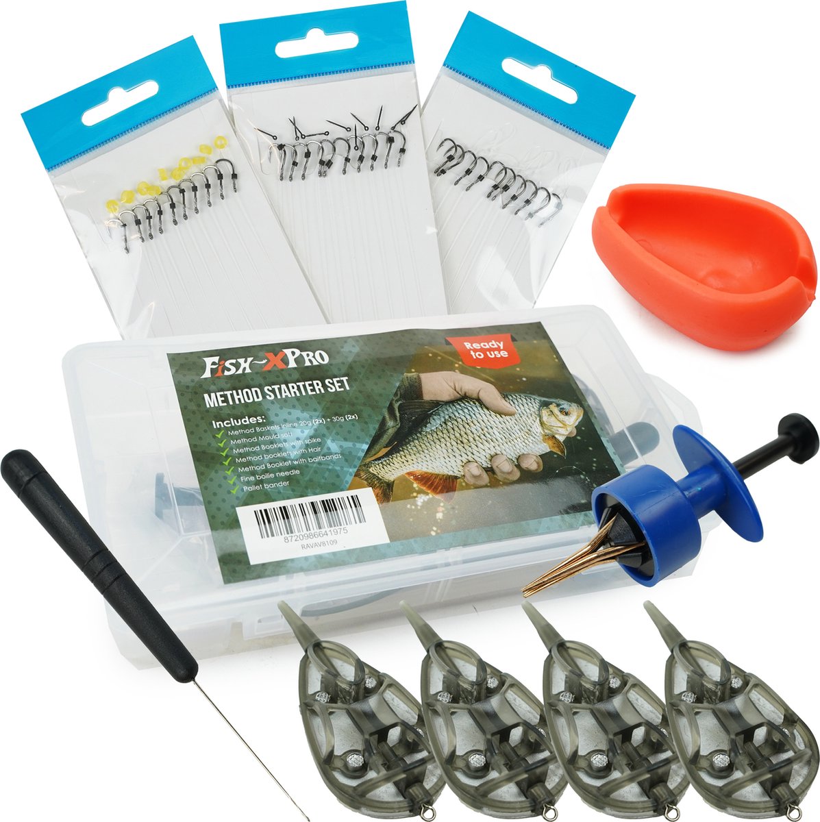 Fish-Xpro Method starter set - Complete Methodvis Set - Onderlijnen - Methodkorven - Pelletbander – Boilienaald