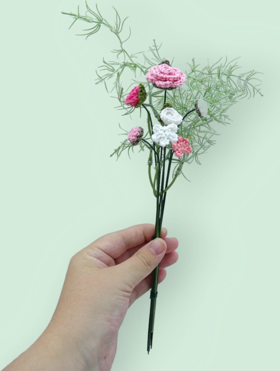 Knuffelsenzo - Gehaakt boeket roos en madelief roze en wit - Licht roze - Wit - Kunstbloem - Duurzaam - Gehaakt
