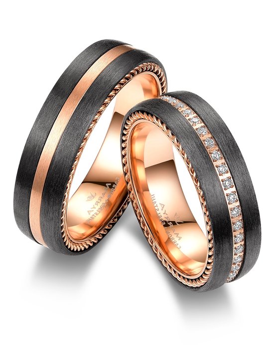Jonline SET Alliances Zwart Carbone Or Rose 14 Goud Zircone |Bagues d'amitié|Anneaux de relation