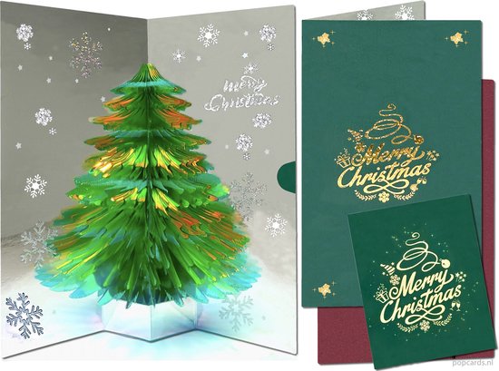 Popcards popupkaarten – Kerstkaart Glanzende Fonkelende Groene Kerstboom Merry Christmas pop-up kaart 3D wenskaart