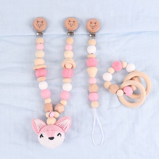 Foto: Speenkoord set houten bijtspeelgoed speelgoed beugel boxhanger rammelaar kraamcadeau baby geschenkset babyshower