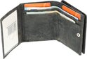 Grijze lederen drievoudige portemonnee, open met creditcards en bankbiljetten, met logo.