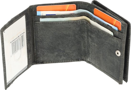 Grijze lederen drievoudige portemonnee, open met creditcards en bankbiljetten, met logo.