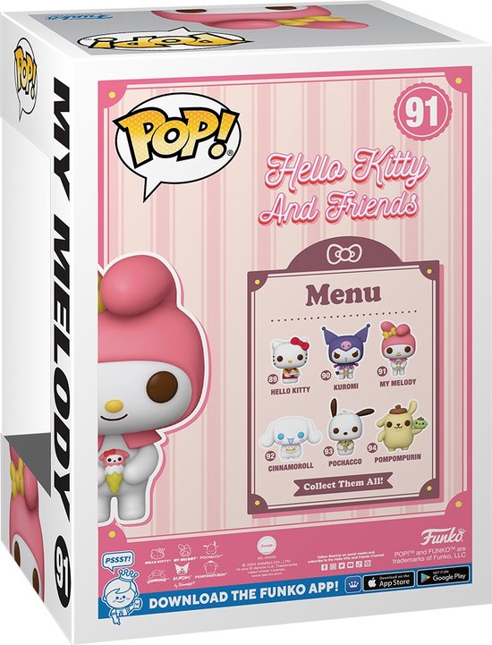 Achterkant van Funko Pop! My Melody #91 doos met afbeeldingen van andere figuren.