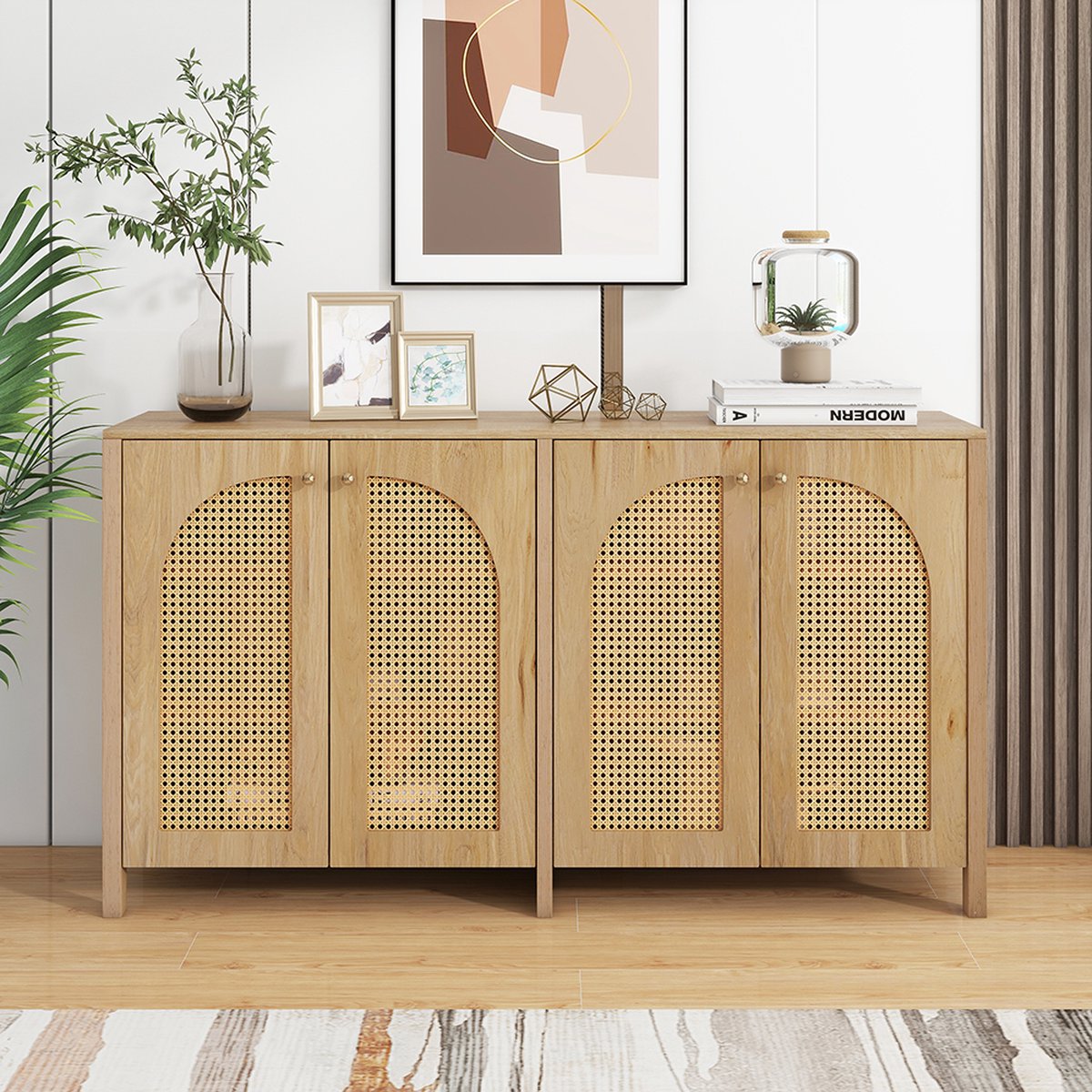 KOMHTOM Kast Nachtkastje 4-deurs rotan dressoir Eenvoudig metalen dressoirmeubel met handgreep Natuurlijk Hout
