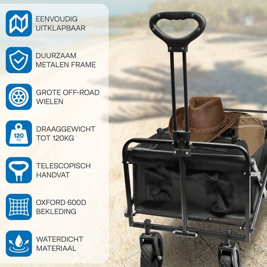 Ritmi Bolderkar - Opvouwbaar Bolderkar Tot 120kg Draagvermogen - 82x52x63cm - Inhoud 120L Bolderwagen met Duwstang - Opvouwbare Draag Kar - Bolder Wagen Strandkar - Zwart van Merkloos — afbeelding 3