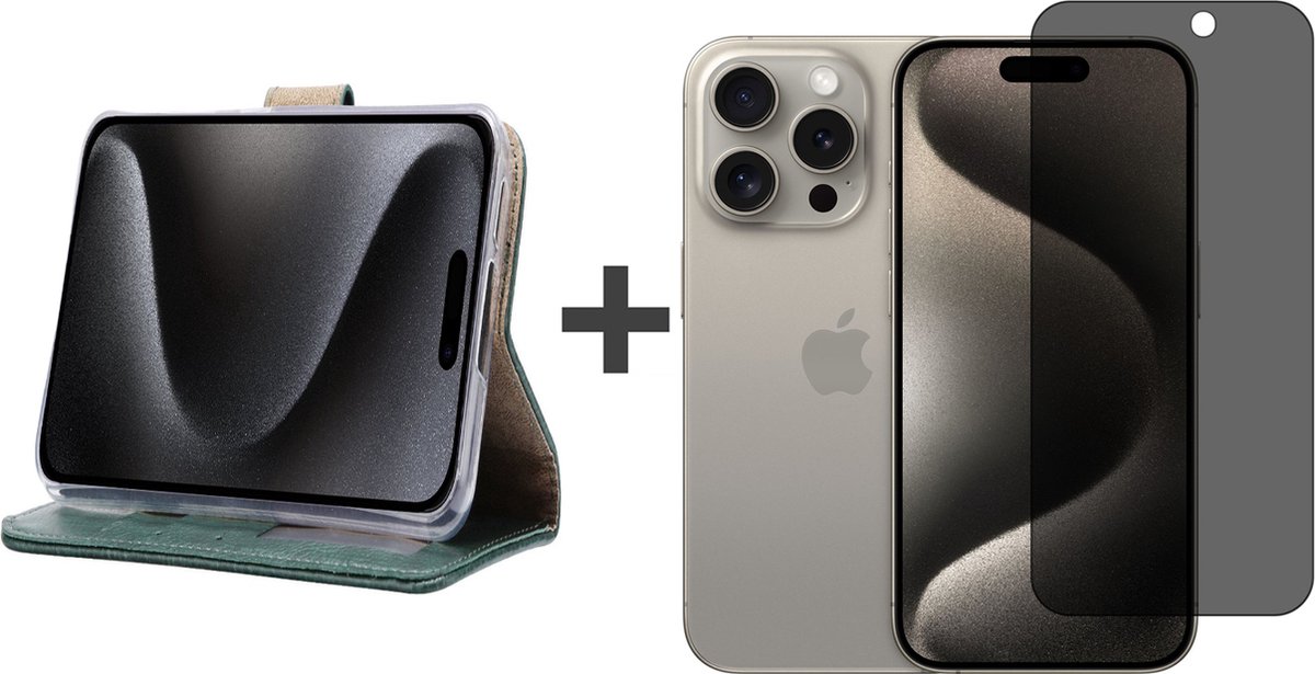 BixB hoesje met Privacy Screenprotector Geschikt voor iPhone 15 Pro – bookcase met pasjeshouder - Groen
