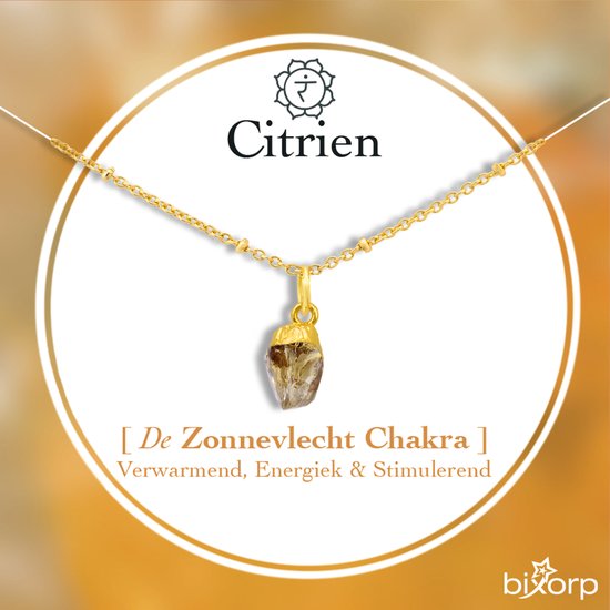 Bixorp Citrien Chakra Ketting - Goud Vergulden Roestvrij Staal - Ruwe Edelsteen Hanger - 36cm + 8cm verstelbaar
