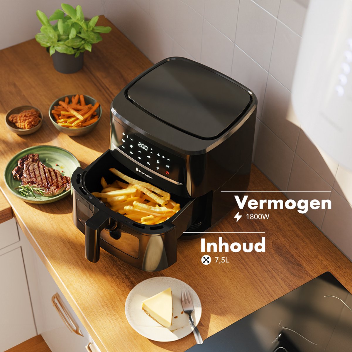 KitchenBrothers Airfryer XXL - PFAS-Vrij - 1800W - 7.5L - Heteluchtfriteuse - Dual Heating - 50ºC tot 200ºC - 10 Kookprogramma's - Zwart — afbeelding 4