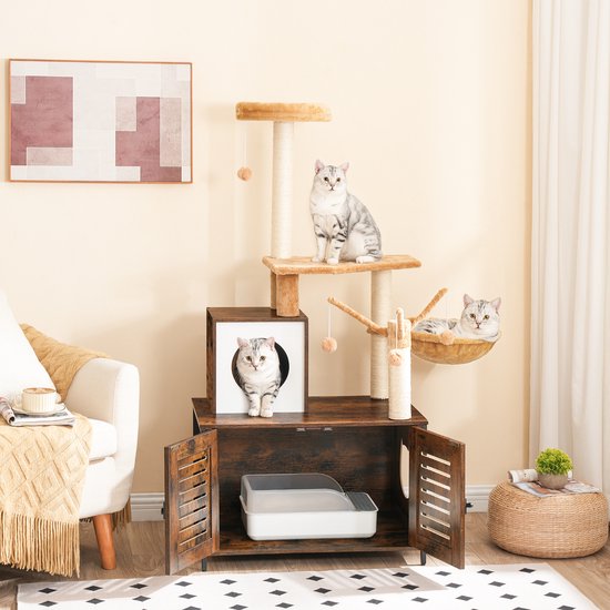 IN.HOMEXL All-In-One kattenmeubel Alba - Krabpaal - Hangmat Mand Katten Huis - kattentoiletmeubel - Bruin - 70x132x48cm