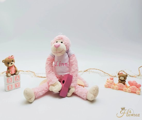 Slingeraapje met naam geborduurd - Hawsaz.nl cadeau - Baby knuffel met naam roze- Geboorte cadeau - Cadeau voor jongens en meisjes - Verjaardag cadeau - Baby en peuter cadeau - Kraamcadeau - Gepersonaliseerde cadeau - Fluffy knuffel -Kado met naam — afbeelding 5