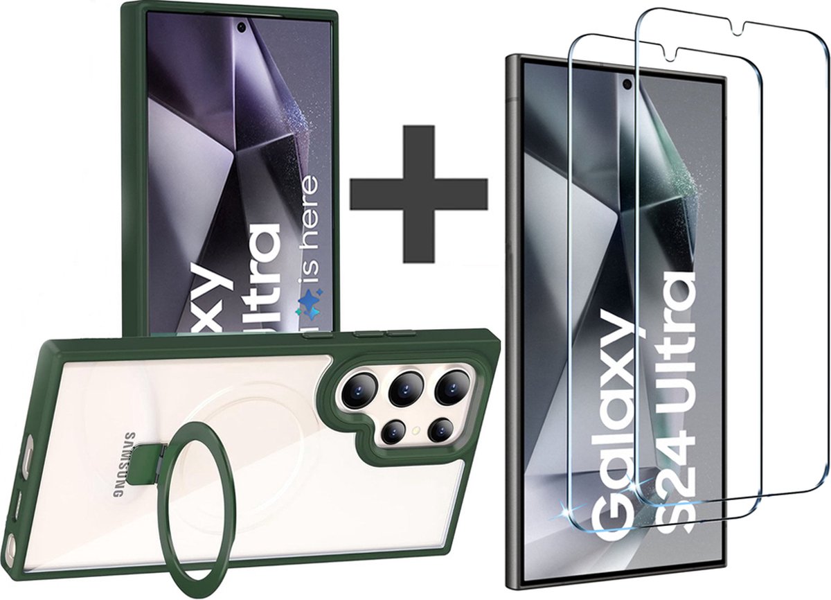 BixB Hoesje met 2 stuks Screenprotectors Geschikt voor Samsung Galaxy S24 Ultra hoesje met Magnetisch Ringhouder backcover - Groen