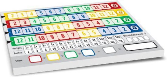 Een Qwixx scorekaart met gekleurde rijen nummers, vakjes voor kruisjes en punten, en het opschrift "Elke mislukte worp: -5".
