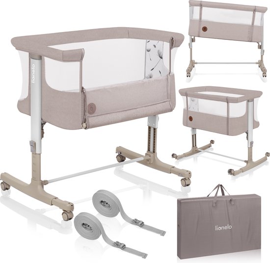 Lionelo Aurora 3in1 Co-sleeper - Babybedje tot 9 kg - Meegroeibed - 4 wielen met rem - Campingbedje – Verstelbare Hoogte – Ademend Gaas – Inclusief Matras & Transporttas – Afneembare Bekleding