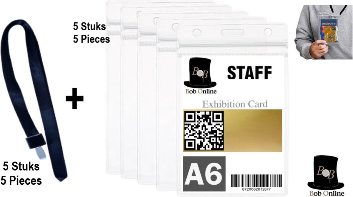 Bob Online™ - 5 + 5 Stuks – Expo Badgehouder Combo – 5 Stuks Expo A6 Badgehouders + 5 Stuks Zwart Lanyards (Badgekoord) – 5 + 5 Pieces – Expo Badge Holder Combo – 5 Pcs Expo A6 PVC Badge Holders + 5 Pcs Black Lanyards with ABS Badge Clip