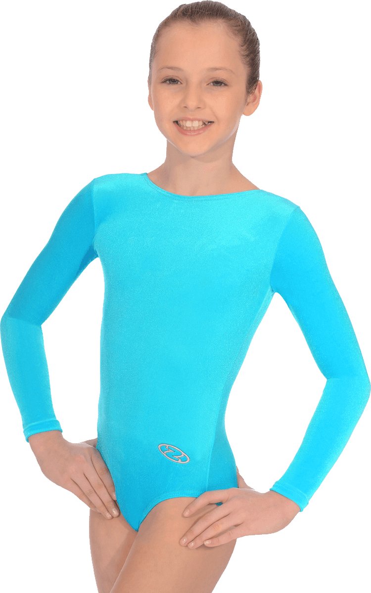 Turquoise effen velours turnpakje lange mouwen maat 140-146 meisjes gympakje blauw blauwe lichtblauw lichtblauwe mint minte velourse fluweel fluwelen stretch