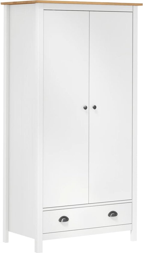 Witte kledingkast met een houten bovenblad, twee deuren en een lade.