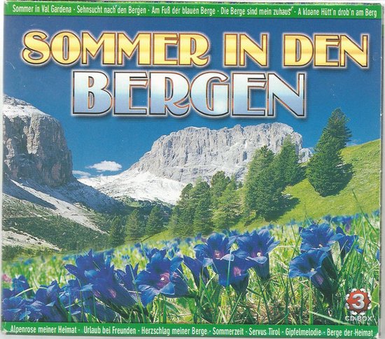 Albumcover 'Sommer in den Bergen' met een berglandschap en blauwe bloemen.