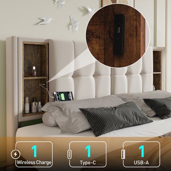 Lit Double Merax avec Chargement sans Fil et Connexion USB-C - Cadre de Lit Rembourré de Luxe avec 4 Tiroirs - Velours Beige