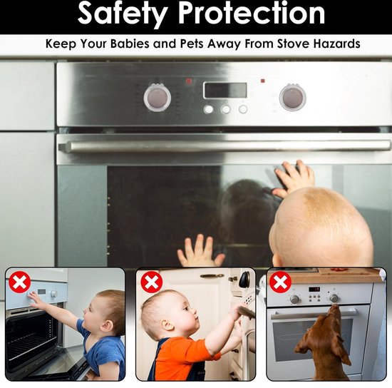 Een baby reikt naar een ovenknop; een hond kijkt naar een andere ovenknop. De tekst luidt 'Veiligheidsbescherming - Houd uw baby's en huisdieren uit de buurt van gevaren op het fornuis'.