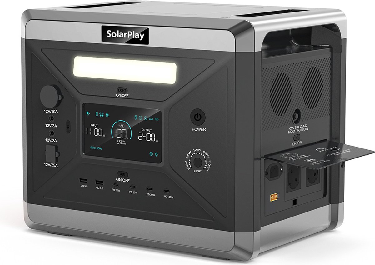 SolarPlay Q2501 draagbaar energiestation, 2400W/2160WH LiFePO4-accu, 12 uitgangspoorten, volledig opgeladen in 1,5 uur, 4 oplaadmethoden - EU-stekker