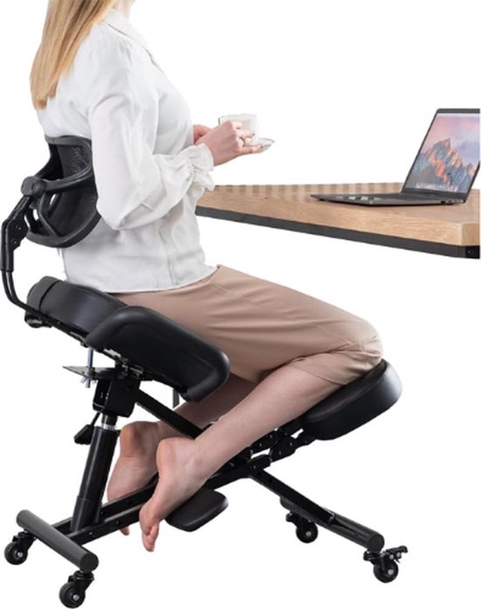 Luxe Kniestoel – Ergonomisch – Met Rugleuning – Balansstoel – Werkkruk – Ergonomische Bureaustoel – Met Wielen – Extra Stevig – Zwart