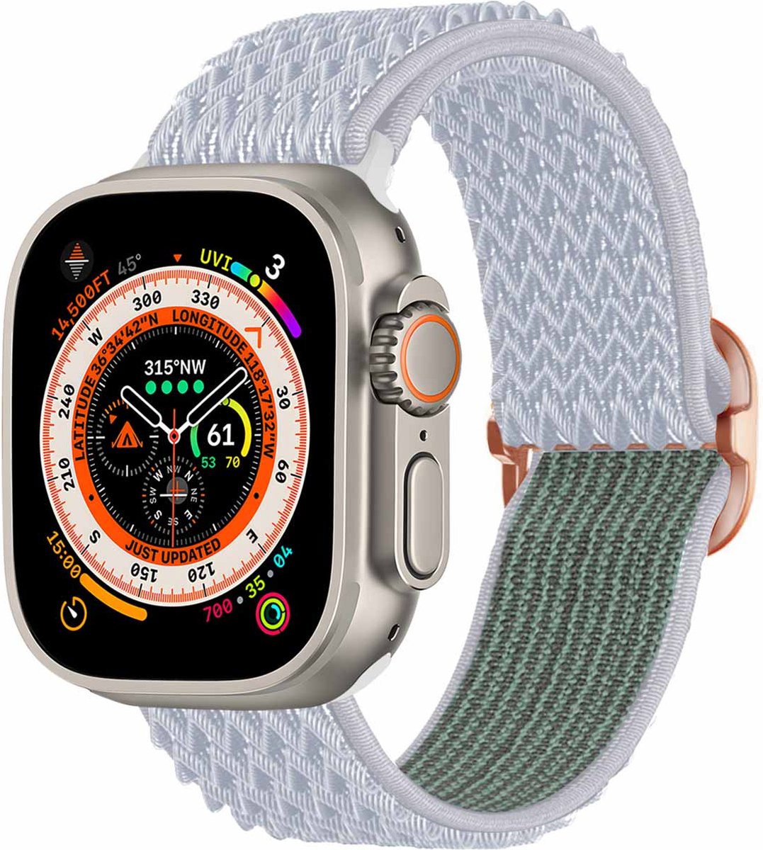 iMoshion Bandje Geschikt voor Apple Watch Bandje Series 1 / 2 / 3 / 4 / 5 / 6 / 7 / 8 / 9 / SE / Ultra (2) - 42 / 44 / 45 / 49 mm - iMoshion Elastisch nylon band - Lichtgrijs