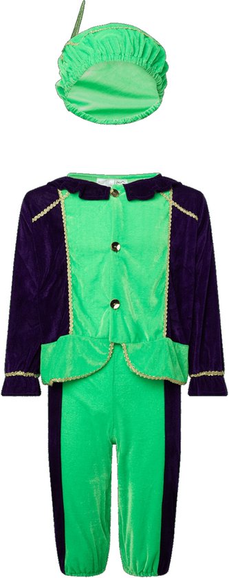 Paars fluwelen jasje met groene voorkant en goudkleurige bies. Groene broek met paarse zijkanten. Groen petje.