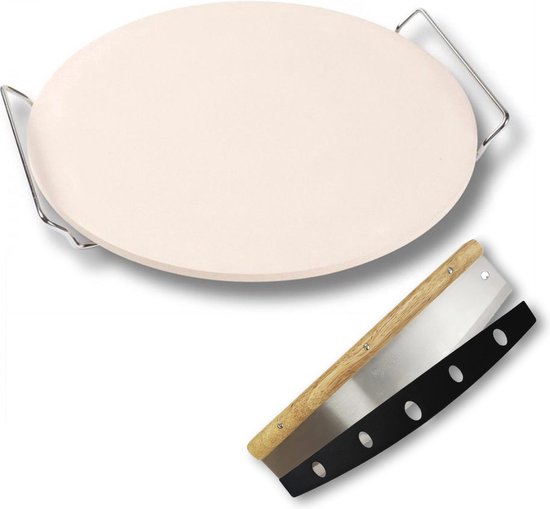 Jamie Oliver Pizzasteen – Ø 33 cm en Pizzasnijder RVS – Pizza serveer set