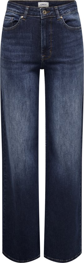 Voorkant van een donkerblauwe, wijde jeans met hoge taille en een subtiel vervaagd effect.