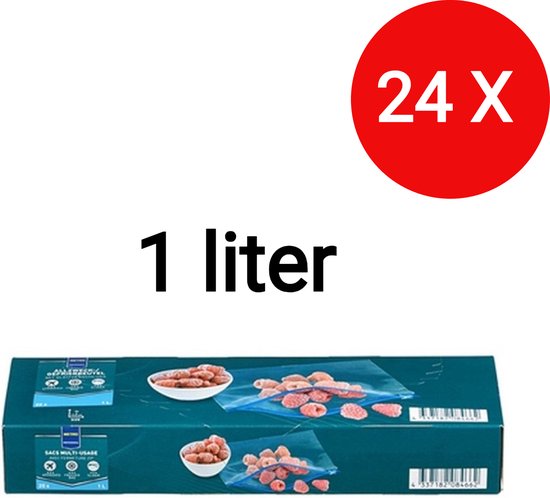 Doos met 24 zakjes van 1 liter, met afbeeldingen van vershoudzakjes gevuld met vleeswaren.