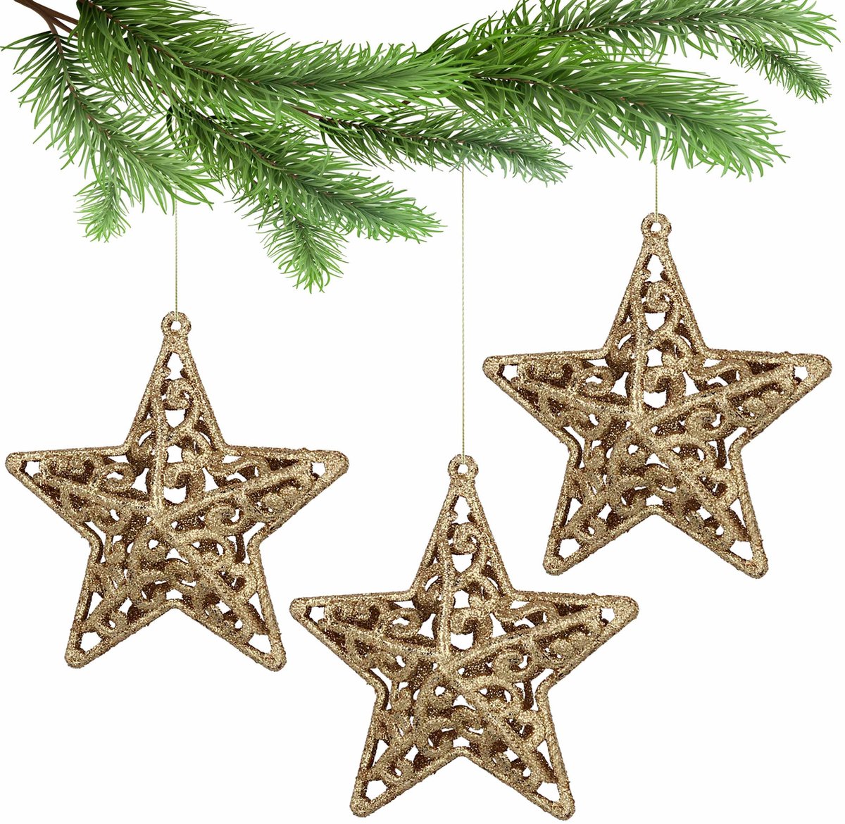 Set van 3 opengewerkte gouden kerstballen, kerstboomornamenten, 10,5 cm groot.