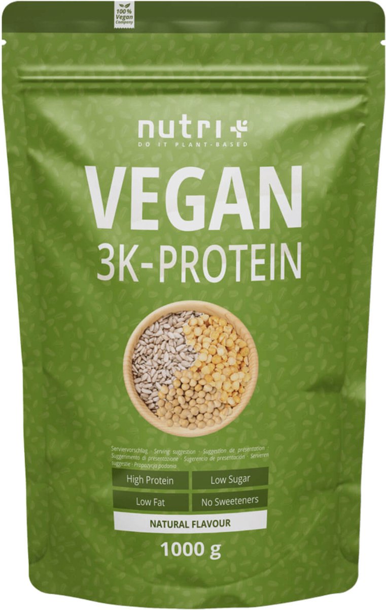 Goedkoopste nutri Vegan 3K Protein - Eiwitpoeder Natural - Veganistisch proteïne poeder - met proteïnen uit soja, erwten en zonnebloem - lactosevrij en glutenvrij - 1000 g