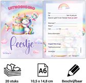 Uitnodiging kinderfeestje - Voordeelset 20 stuks - Thema Unicorn - Beschrijfbaar - Uitnodigingskaarten - Uitnodiging verjaardag - uitnodiging verjaardag feest - Uitnodiging kinderfeestje Jongen of Meisje - Uitnodiging feestje - uitnodigingen - Roze